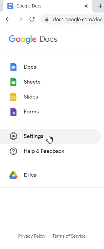 Klik Pengaturan di Google Documents.