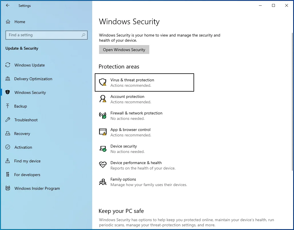 Cliquez sur "Protection contre les virus et menaces" sous Sécurité Windows.