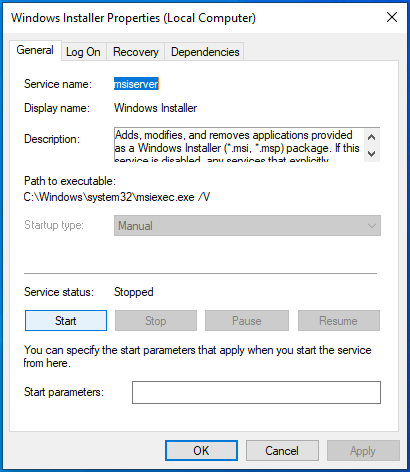 Überprüfen Sie die Eigenschaften von Windows Installer.