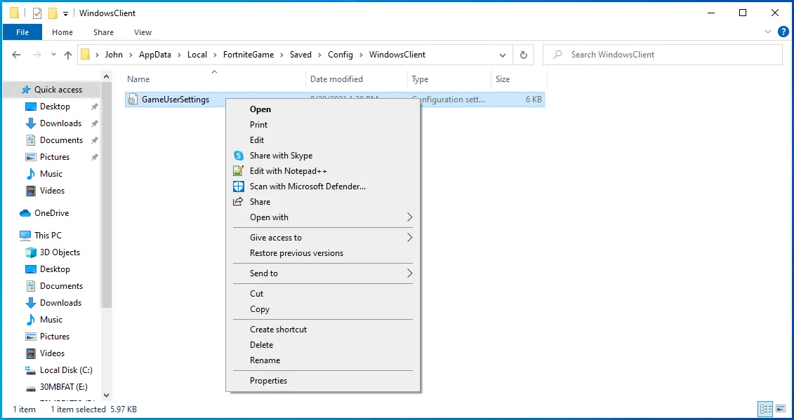 Fare clic con il pulsante destro del mouse sul file GameUserSettings.ini.