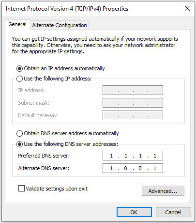 Seleziona "Utilizza il seguente indirizzo del server DNS".