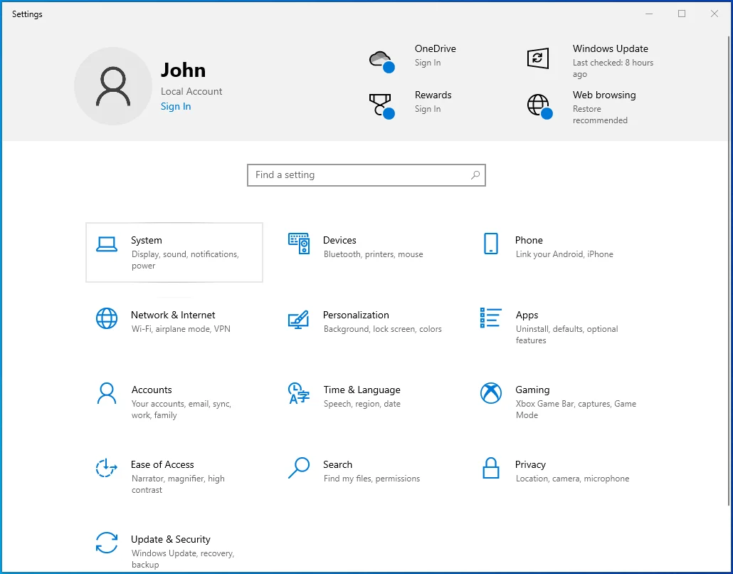 Seleziona Sistema dalle Impostazioni di Windows.