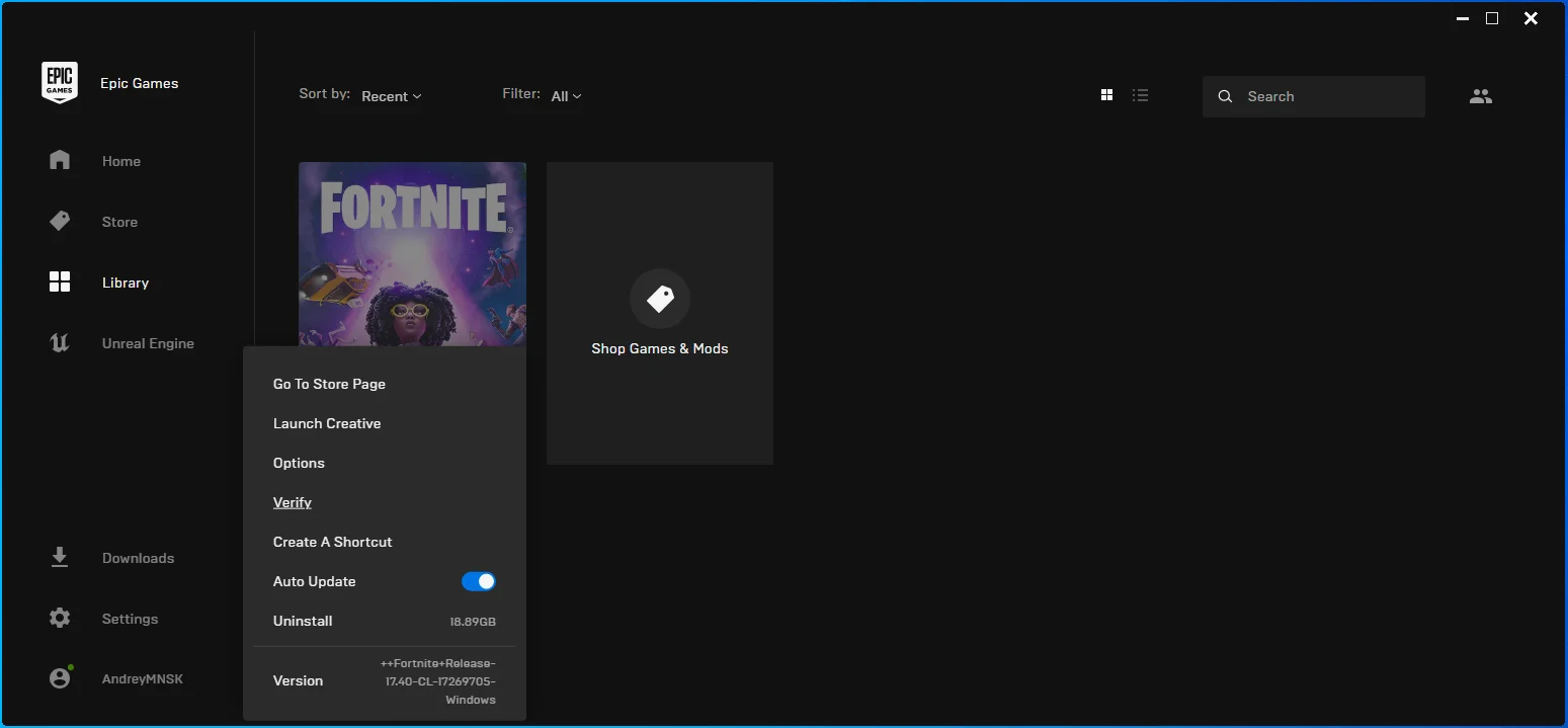 Verifica Fortnite in Epic Games Launcher.