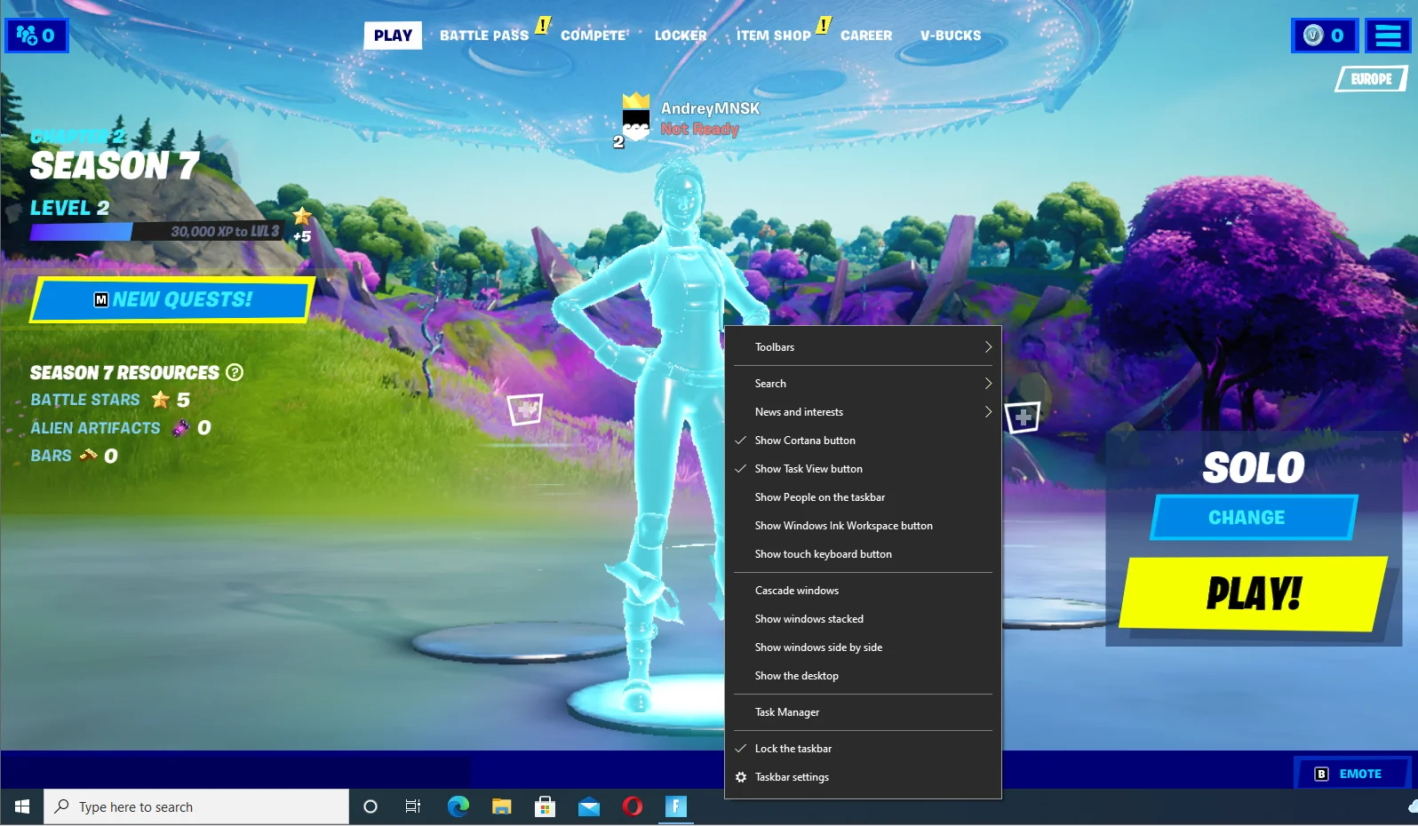 Fai clic con il pulsante destro del mouse sulla barra delle applicazioni durante l'esecuzione di Fortnite.