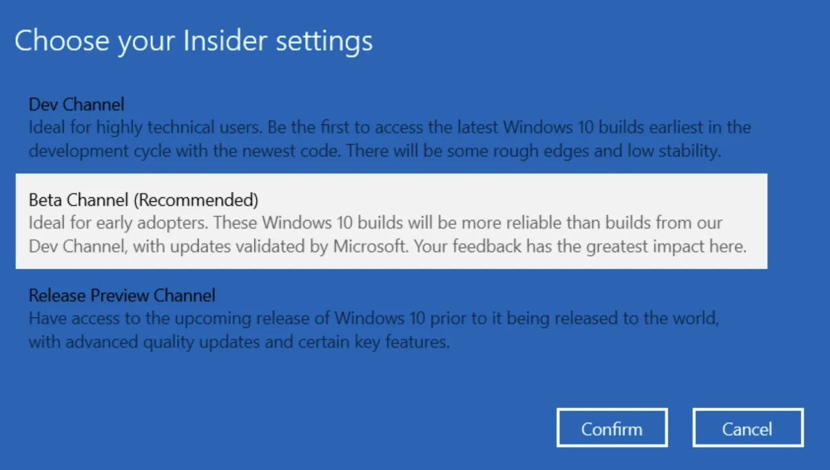 Escolha suas configurações do Insider (Canal Beta)