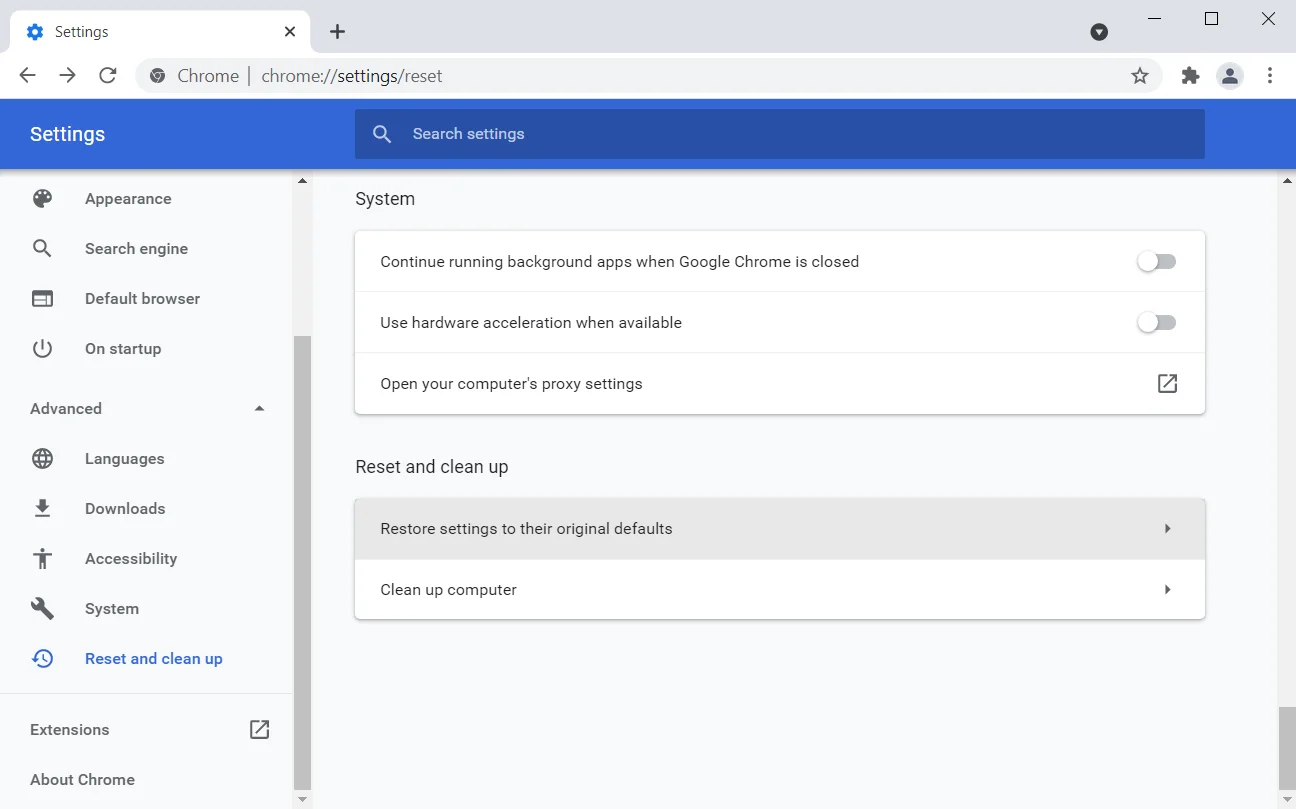Seleccione "Restaurar la configuración a sus valores predeterminados originales".