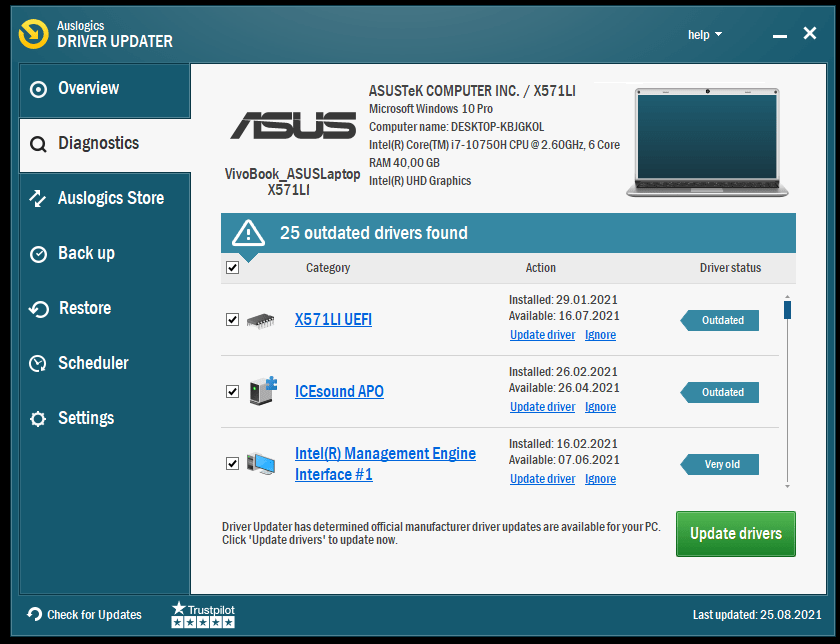 واجهة Auslogics Driver Updater