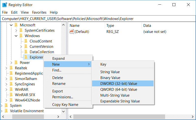 Faceți clic dreapta pe Explorer, apoi selectați Nou și apoi valoarea DWORD pe 32 de biți