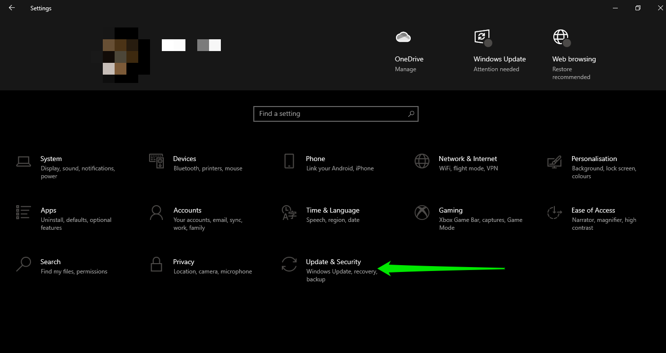 Pilih opsi Pembaruan & Keamanan di Windows 11