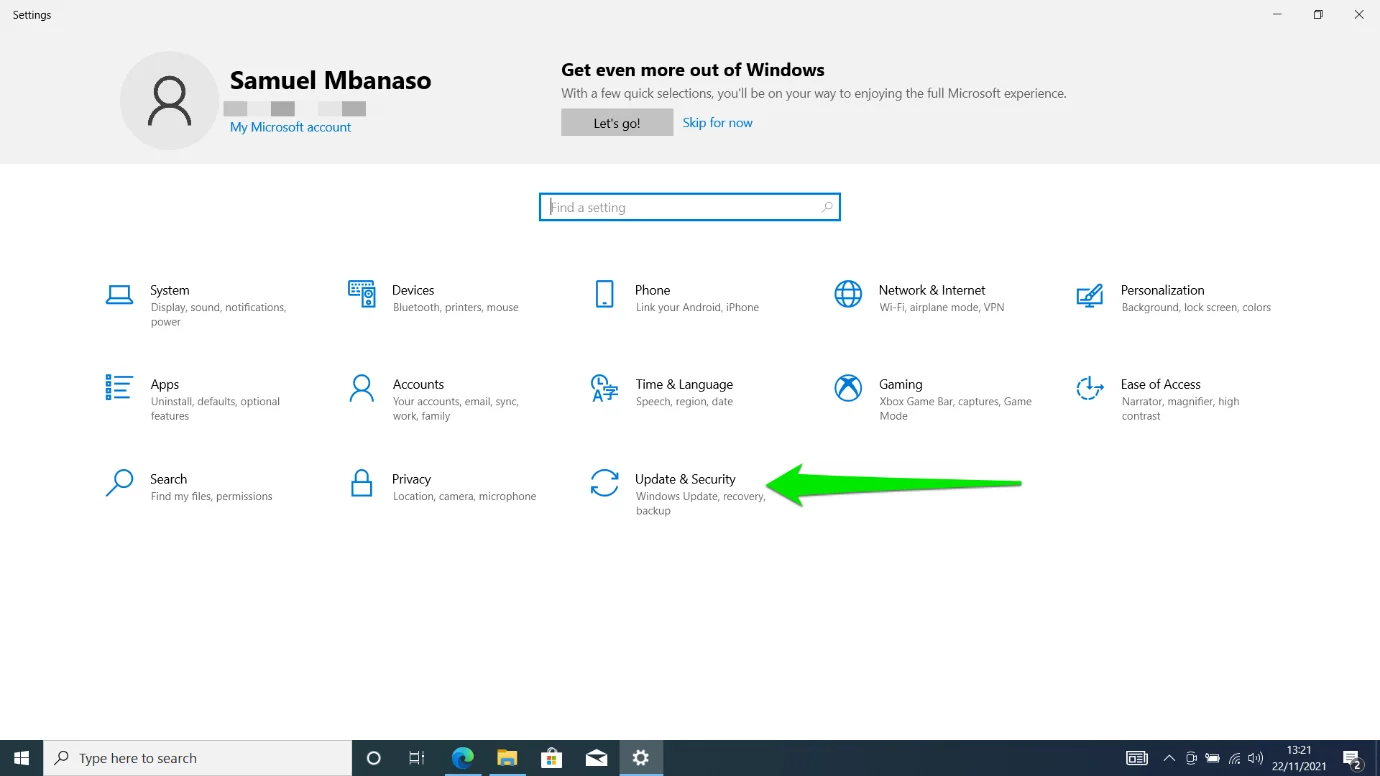 Haga clic en el icono Actualización y seguridad en la parte inferior de la página de inicio de Configuración