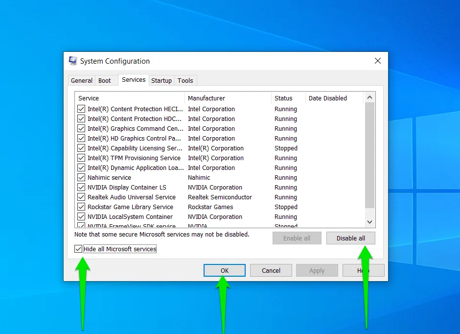 Deshabilite los servicios de inicio a través de la ventana de diálogo Configuración del sistema