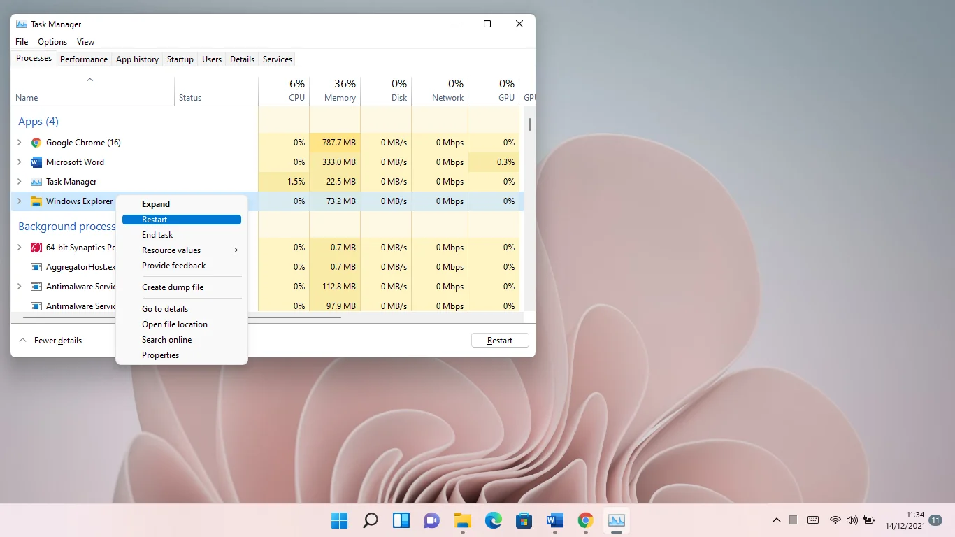 Escolha a entrada do Windows Explorer na guia Processos