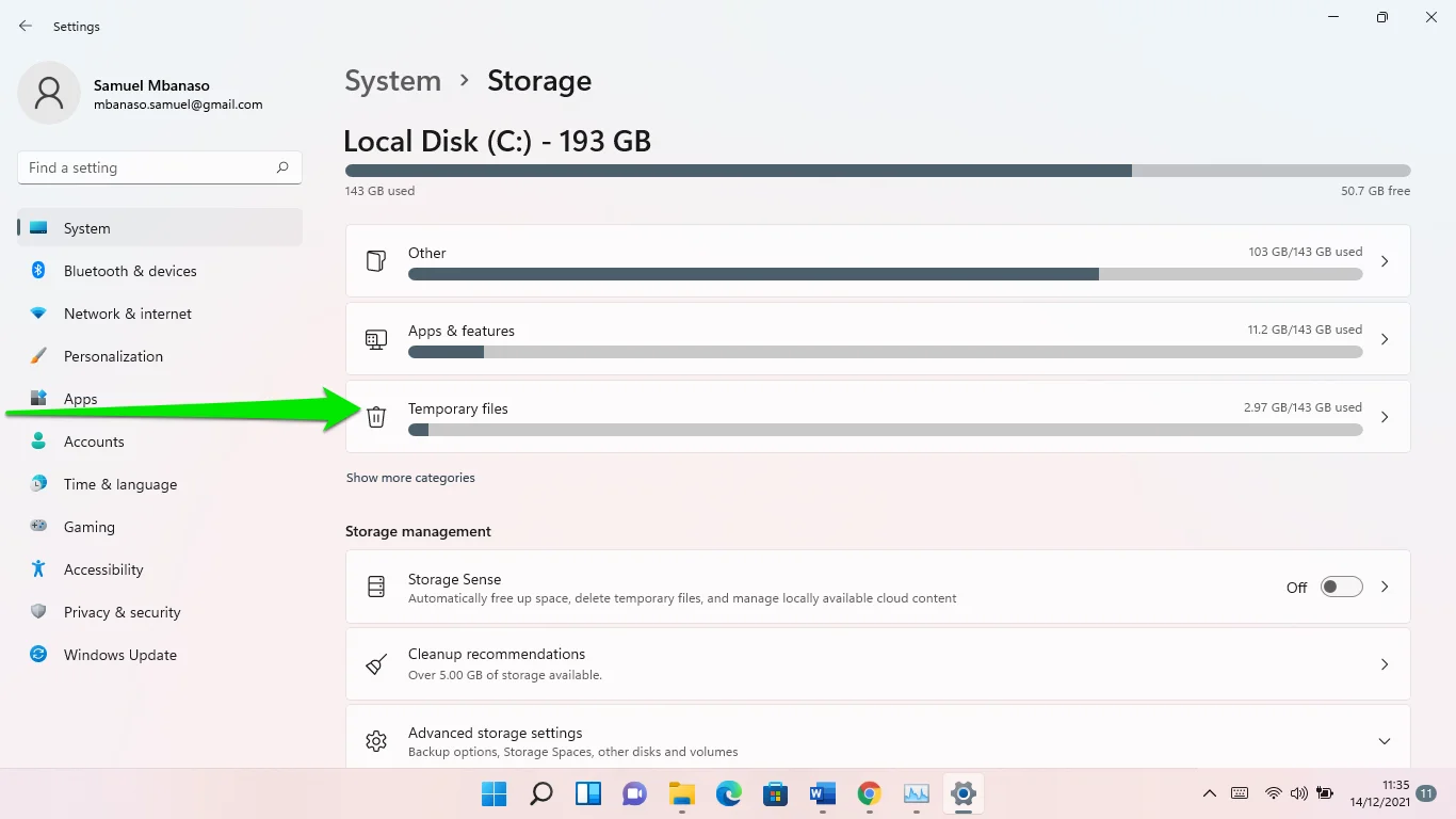 Clique em Arquivos Temporários no Armazenamento do Windows 11