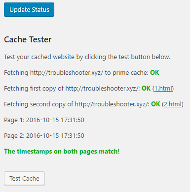 Test Cache résultats réussis Plugin WP Super Cache