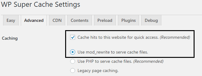 Paramètres WP Super Cache pour la mise en cache avancée