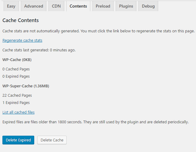 onglet contenu dans les paramètres wp super cache