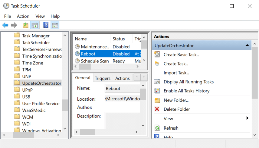 Sub UpdateOrchestrator, faceți dublu clic pe Repornire