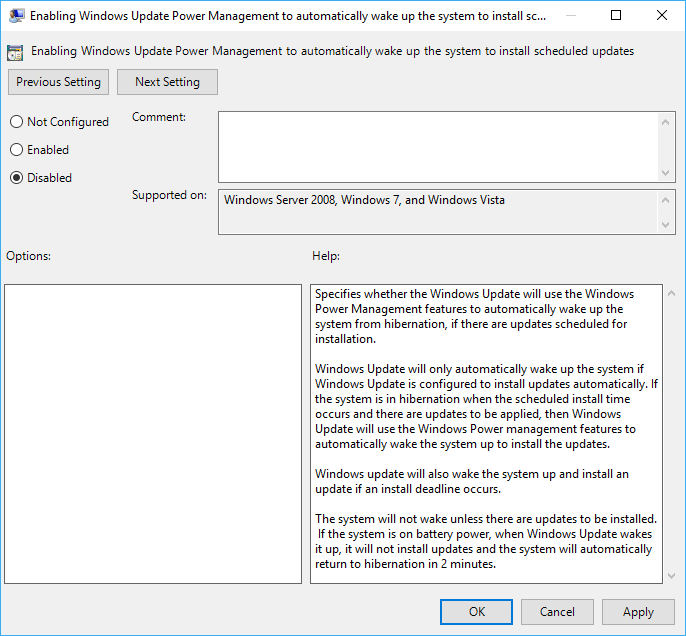 Dezactivați Activarea Windows Update Power Management pentru a activa automat sistemul pentru a instala actualizări programate