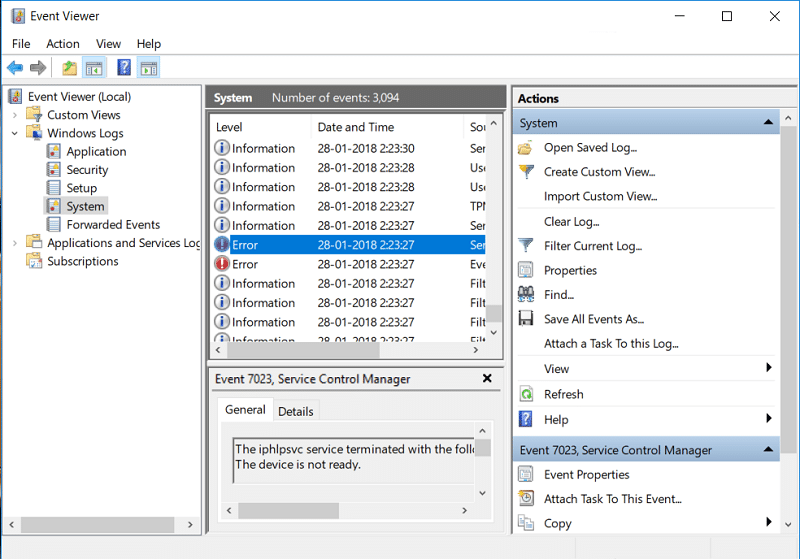 Deschideți Vizualizatorul de evenimente, apoi accesați jurnalele Windows, apoi sistem și căutați MULTIPLE_IRP_COMPLETE_REQUESTS