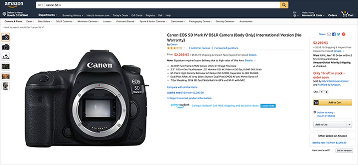 Canon EOS 5D Mark IV için Amazon listesi