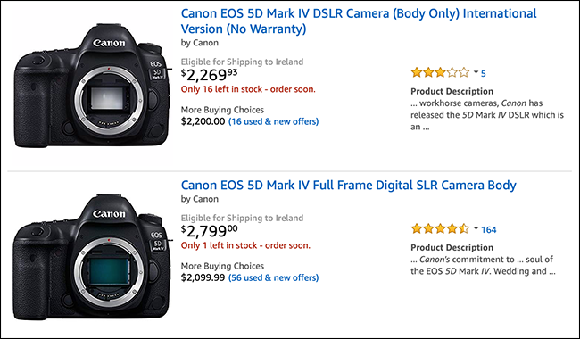 Canon kamera gövdelerini gösteren Amazon listesi