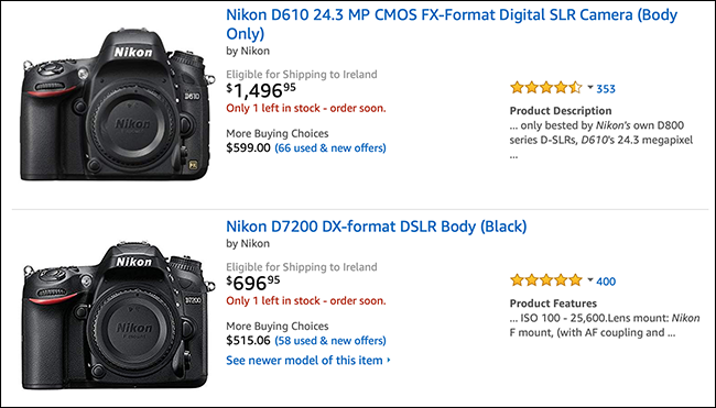 Nikon kamera gövdelerini gösteren Amazon listesi