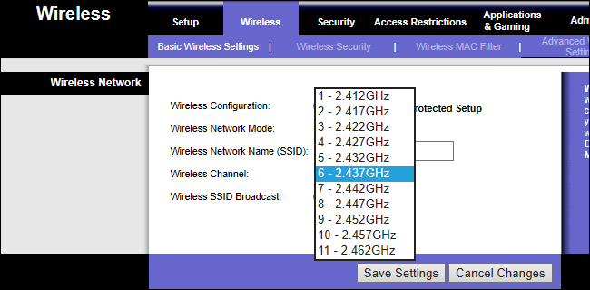صفحة إعدادات جهاز توجيه wi-fi تعرض قنوات بتردد 2.4 جيجا هرتز