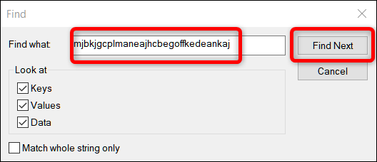 前のIDを表示されたフィールドに貼り付けて、[次を検索]をクリックします