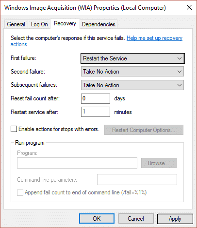 set First Failure to Restart the Service WIA properties / Un problème a fait que le programme a cessé de fonctionner correctement