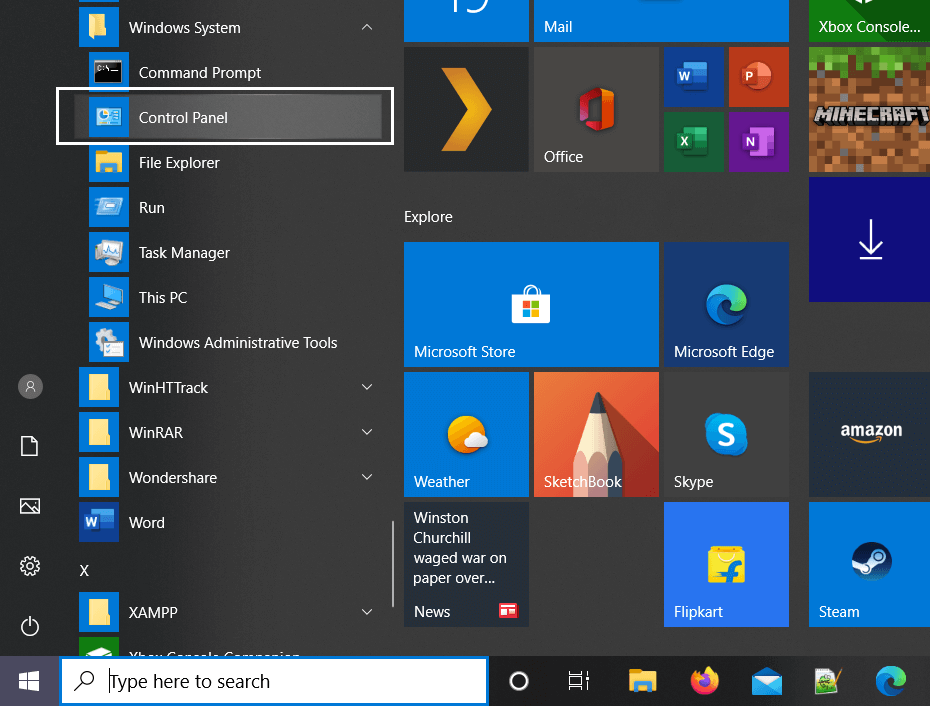 Dans le menu Démarrer de Windows 10, localisez Widnows System, puis cliquez sur Panneau de configuration