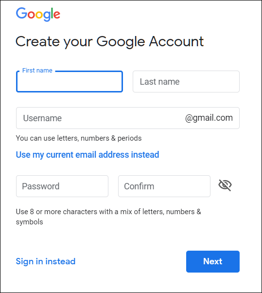 หน้าสร้างบัญชี Google ของคุณ ซึ่งคุณพิมพ์ชื่อและนามสกุล ชื่อผู้ใช้ และรหัสผ่านของคุณ