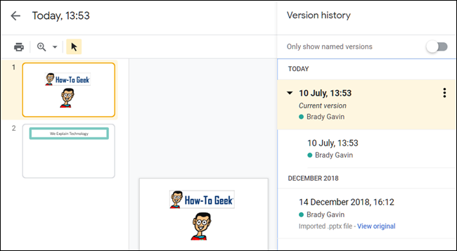 ประวัติเวอร์ชันของงานนำเสนอใน Google สไลด์