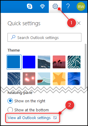 "Tüm Outlook ayarlarını görüntüle" seçeneğinin vurgulandığı Outlook "Hızlı ayarlar" paneli