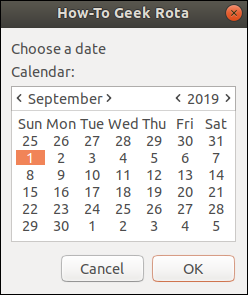 calendar zenity cu o dată de începere selectată (1 septembrie 2019).