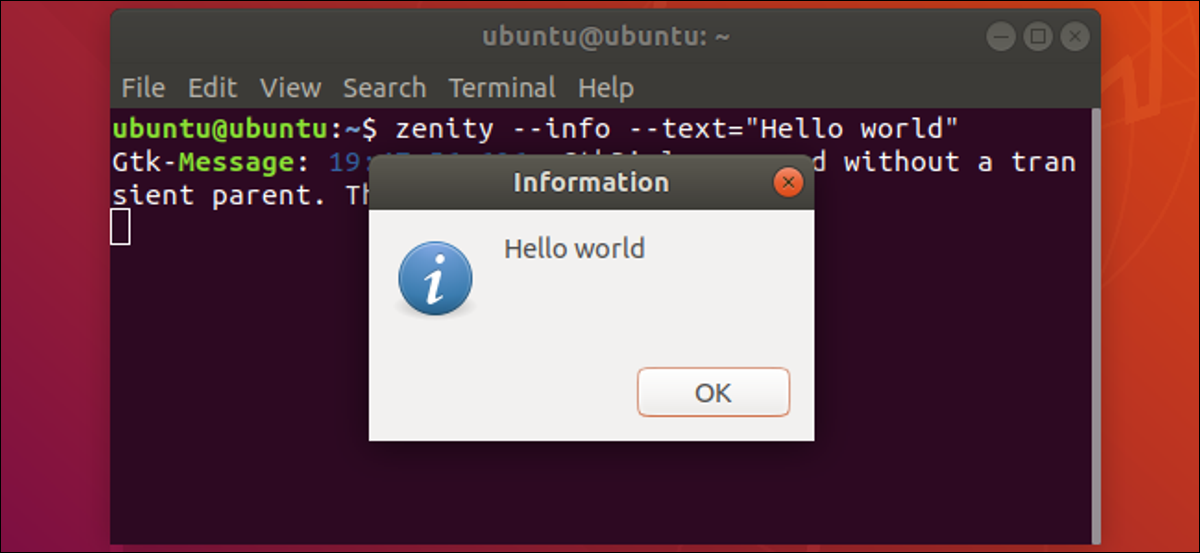O fereastră de informații zenity lansată de pe un terminal Ubuntu.