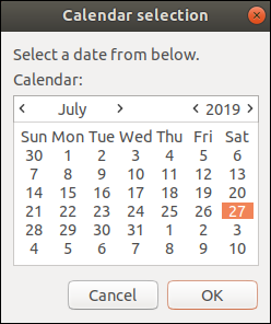 O fereastră de calendar zenity din iulie 2019.