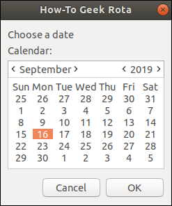 fereastra calendarului zenity cu 16 septembrie 2019 selectată.