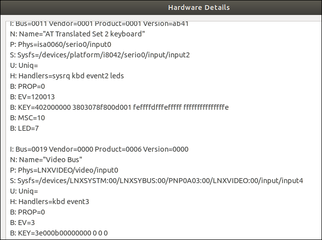 Informații de scanare hardware într-o fereastră de dialog cu informații text.