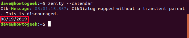 Data selectată în calendarul (19.08.2019) afișată în fereastra terminalului.