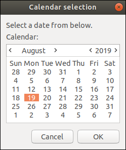 O fereastră de calendar zenity cu 19 august 2019 selectată.