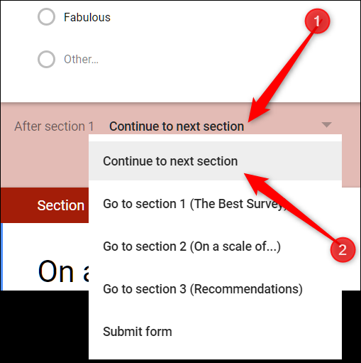 Cliquez sur le menu déroulant et sélectionnez où le formulaire doit envoyer les personnes après avoir rempli la section.