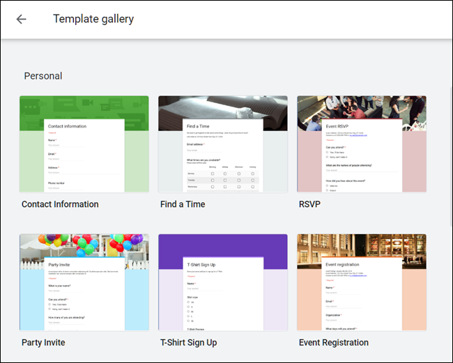 La galerie de modèles Google Forms.