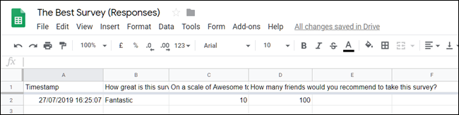 Feuille de calcul dans Google Sheets affichant une réponse à une question d'une enquête.