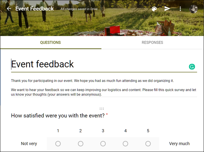 Un exemple de modèle de commentaires d'événement sur Google Forms.