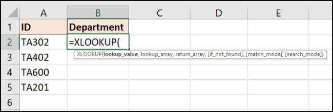 Informations requises par la fonction XLOOKUP