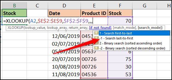 Options de mode de recherche avec XLOOKUP