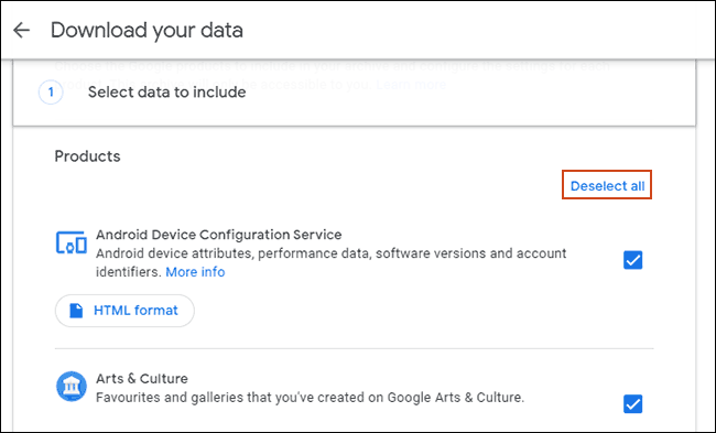 Fai clic su Deseleziona tutto nello strumento Google Scarica i tuoi dati