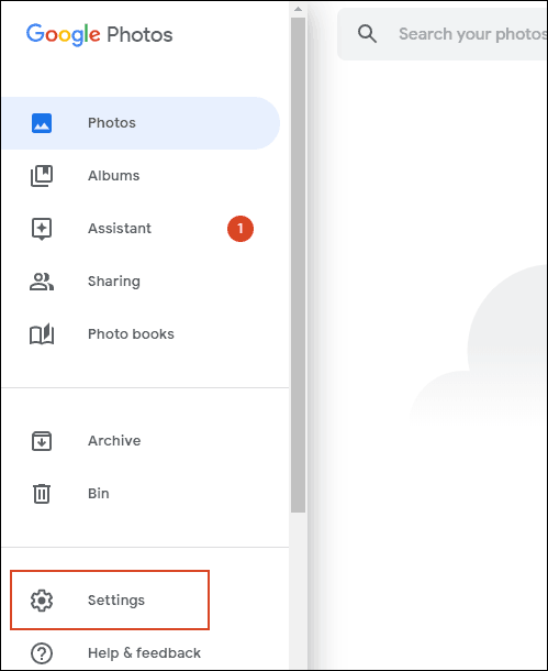 Fai clic su Impostazioni nel menu di Google Foto