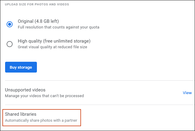 Nell'area delle impostazioni di Google Foto, fai clic su Librerie condivise