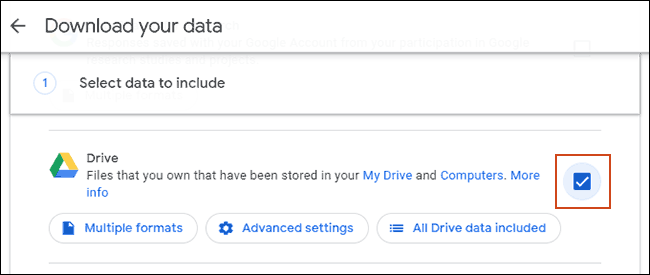 Seleziona la casella di controllo per Google Drive